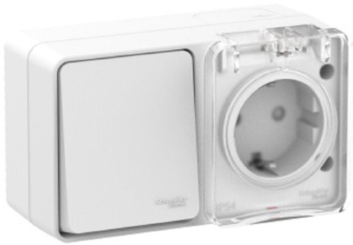 Блок накладной Systeme Electric AtlasDesign Profi54 розетка 1-м.+выключатель 1-кл. IP54 белый картинка